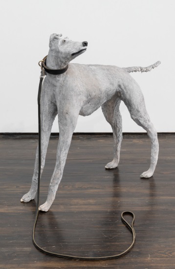 Elizabeth Jaeger Yet to be Titled, (Dog 2), 2014 ceramic, hydrocal, loose graphite, house paint/latex paint, leather, brass 31.5 x 35 x 10 inches Jack Hanley Gallery