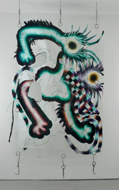 3. Kerstin Brätsch & Debo Eilers S is for Safe and Sane (Chamberbag Bone to Bone), 2014 mylar, vinyl, oil paint, digital print, epoxy, vinyl wire, speaker wire, grommets, meat hooks 105 x 60 inches The Green Gallery