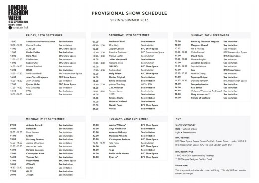 London Fashion Week SS16 Provisional Show Schedule